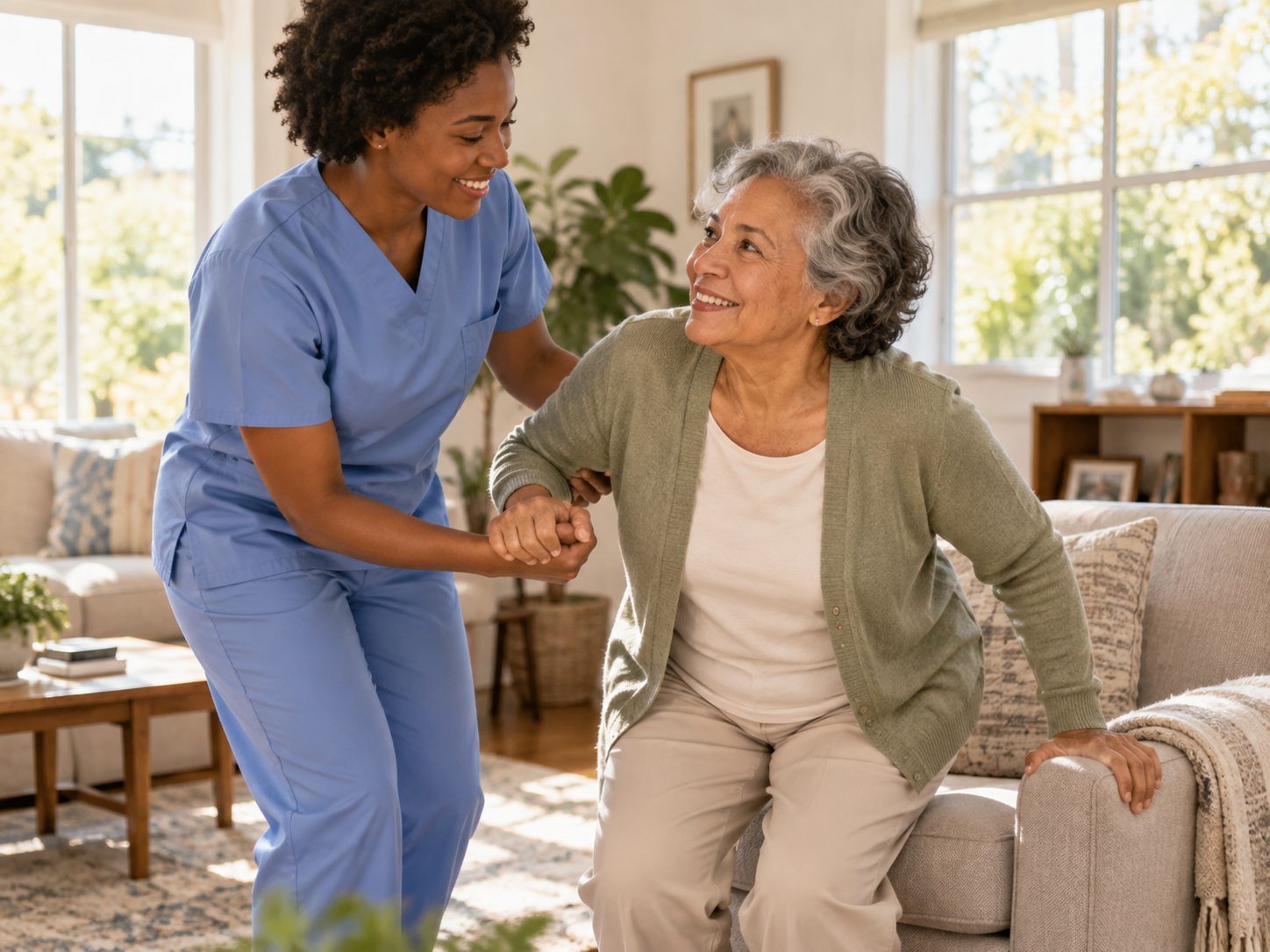 A caregiver helps a smiling older woman rise from a sofa in a sunny living room