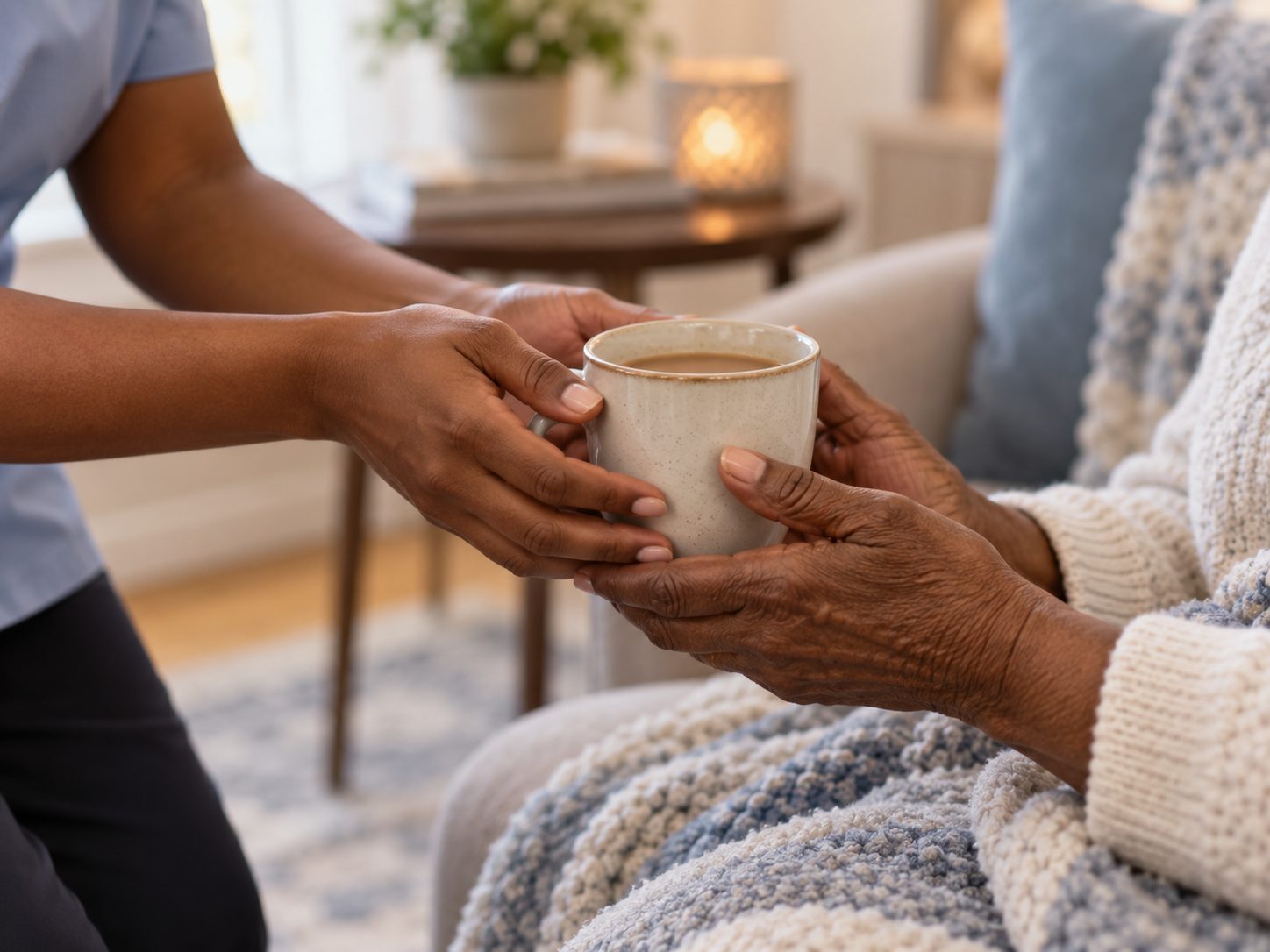 A caregiver hands a warm mug to an older person wrapped in a knit blanket